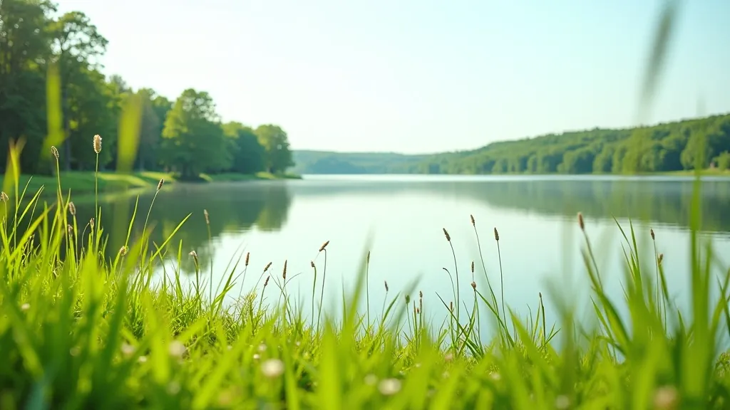 Skaista vieta pie ezera ar zāli un skaidru ūdeni, apmeklētāju bez cilvēku pūļiem