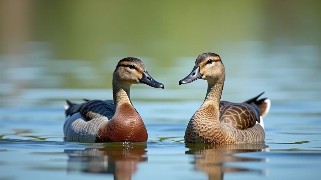 Divas pīles pelēkā un brūnā krāsā pūļojošas uz ūdens, saulainā dienā
